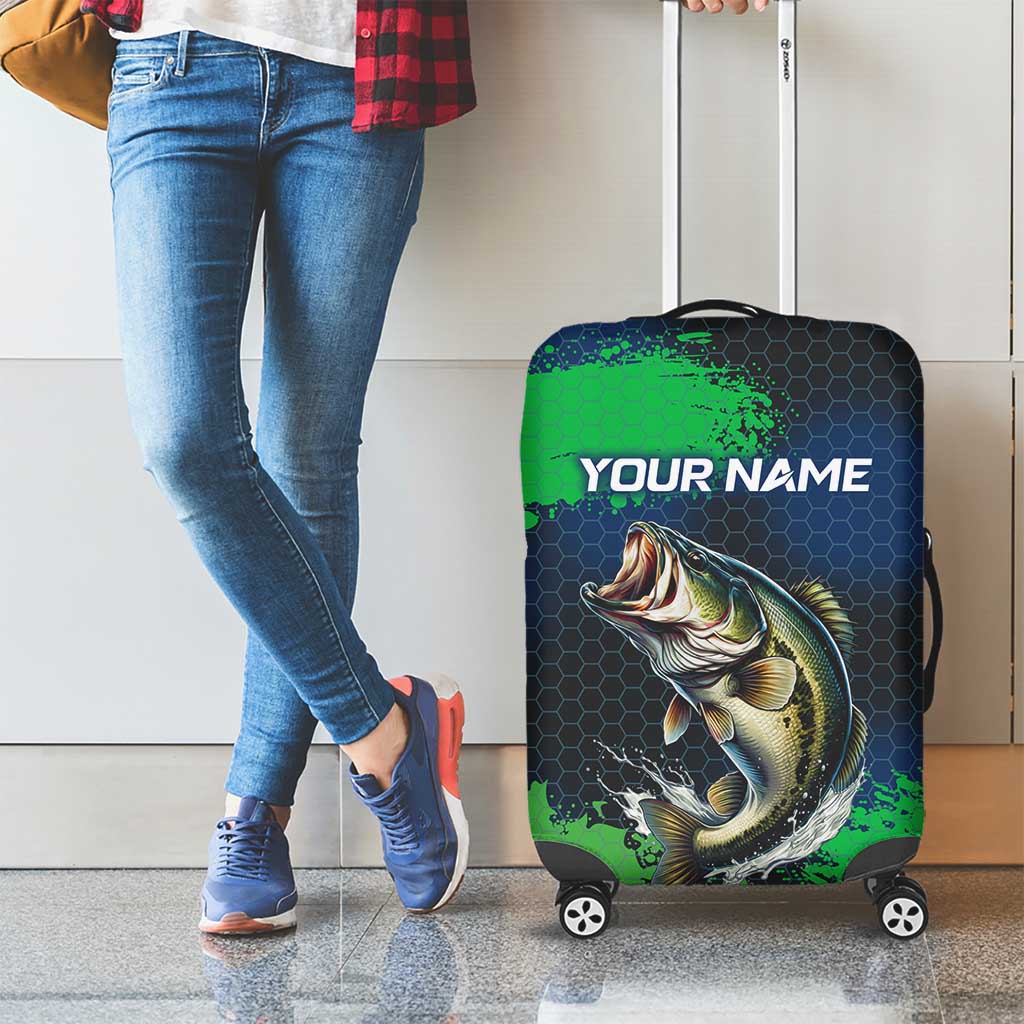Personalized Bass Fishing Luggage Cover with Jumping Fish – Green and Black Angler Design - Wonder Print Shop