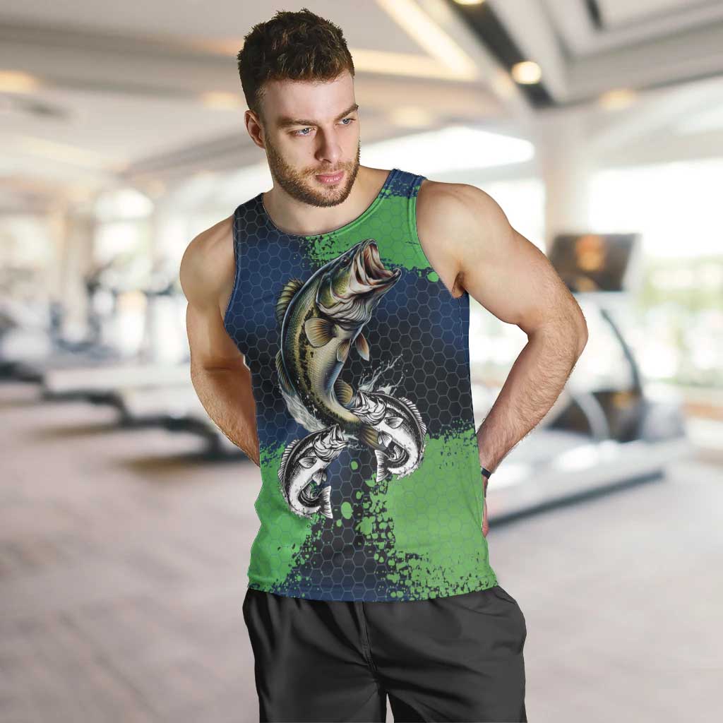 Personalized Bass Fishing Men Tank Top with Jumping Fish – Green and Black Angler Design - Wonder Print Shop