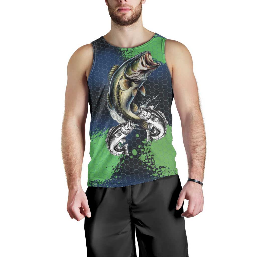 Personalized Bass Fishing Men Tank Top with Jumping Fish – Green and Black Angler Design - Wonder Print Shop