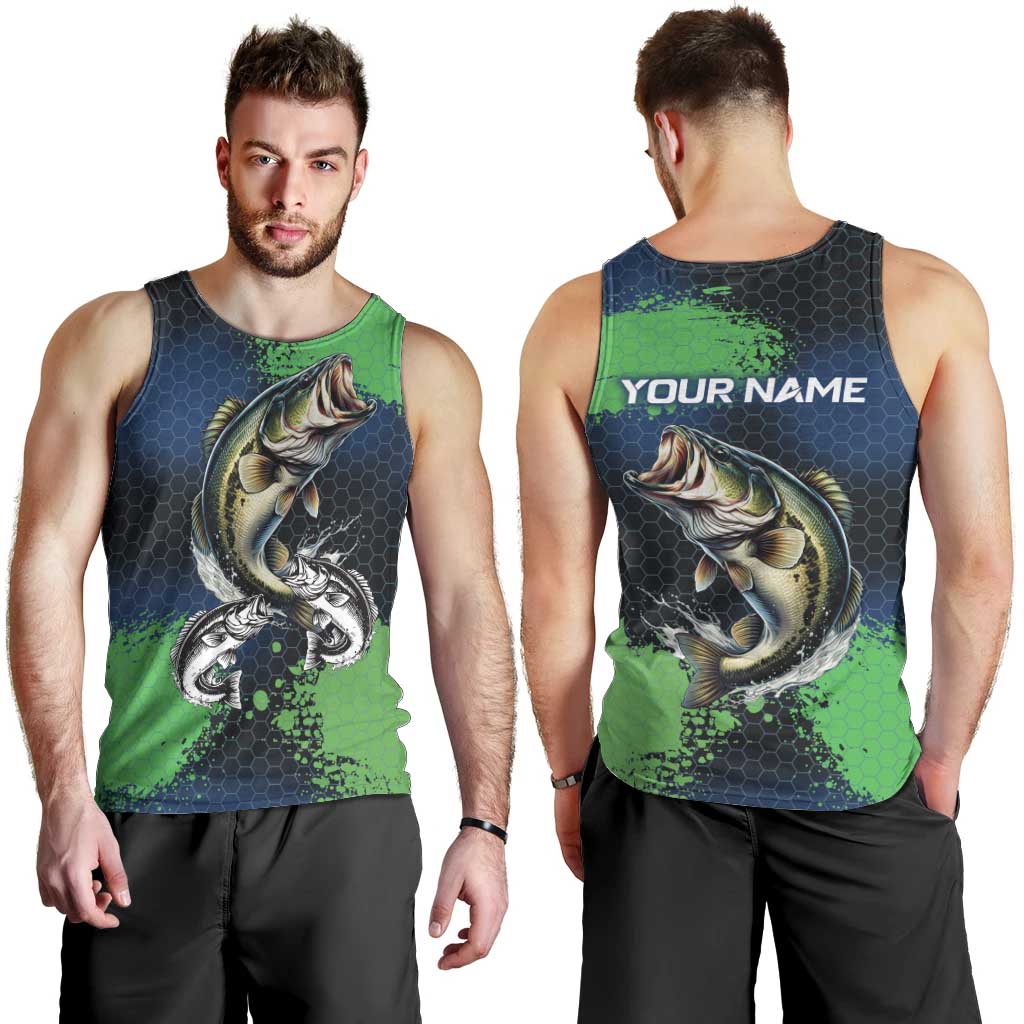 Personalized Bass Fishing Men Tank Top with Jumping Fish – Green and Black Angler Design - Wonder Print Shop