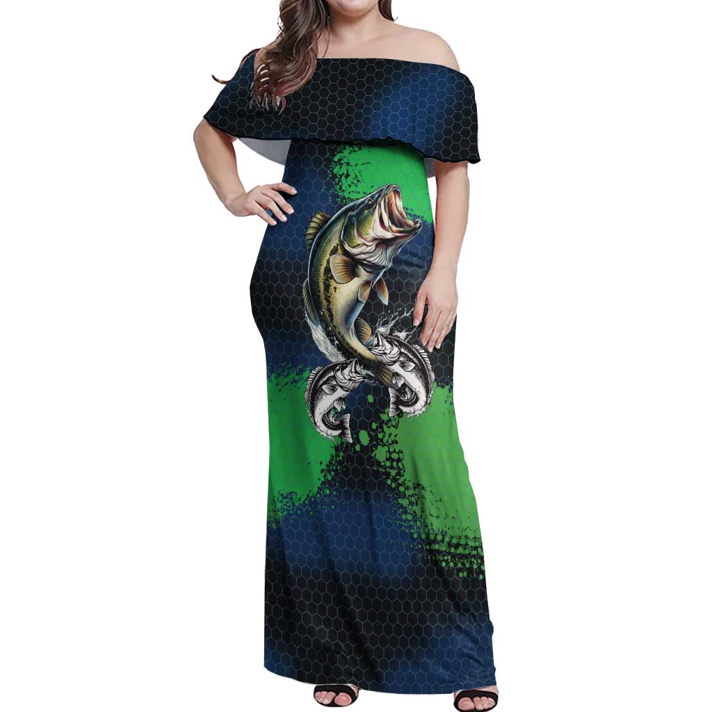 Personalized Bass Fishing Off Shoulder Maxi Dress with Jumping Fish – Green and Black Angler Design - Wonder Print Shop