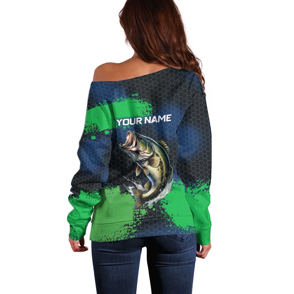 Personalized Bass Fishing Off Shoulder Sweater with Jumping Fish – Green and Black Angler Design - Wonder Print Shop