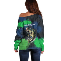 Personalized Bass Fishing Off Shoulder Sweater with Jumping Fish – Green and Black Angler Design - Wonder Print Shop