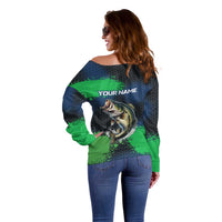 Personalized Bass Fishing Off Shoulder Sweater with Jumping Fish – Green and Black Angler Design - Wonder Print Shop