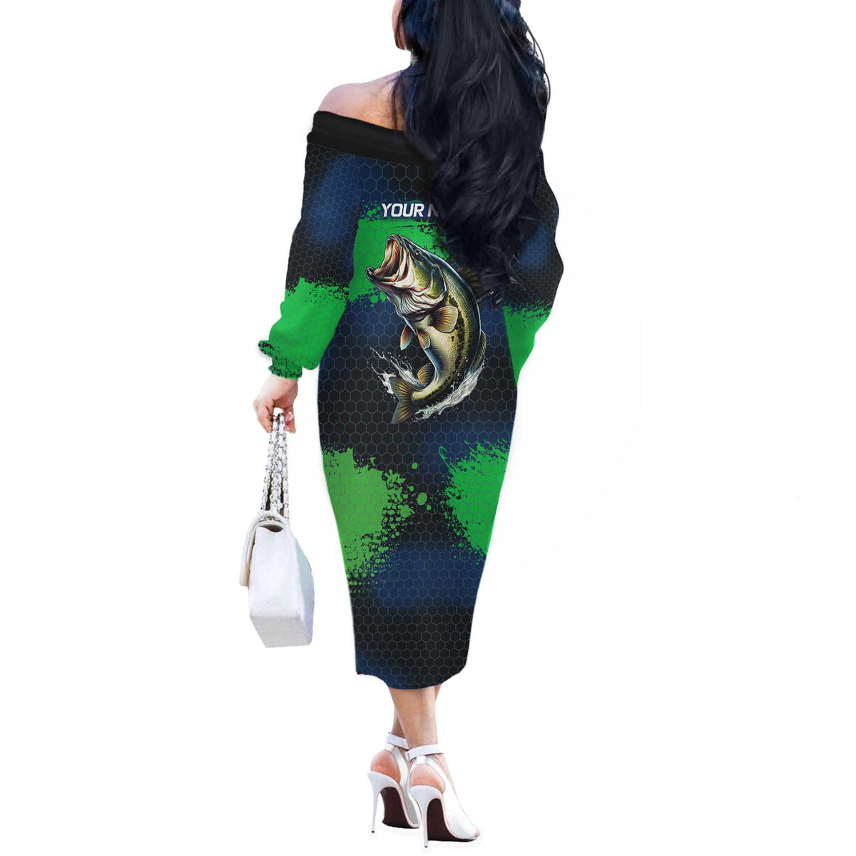 Personalized Bass Fishing Off The Shoulder Long Sleeve Dress with Jumping Fish – Green and Black Angler Design - Wonder Print Shop