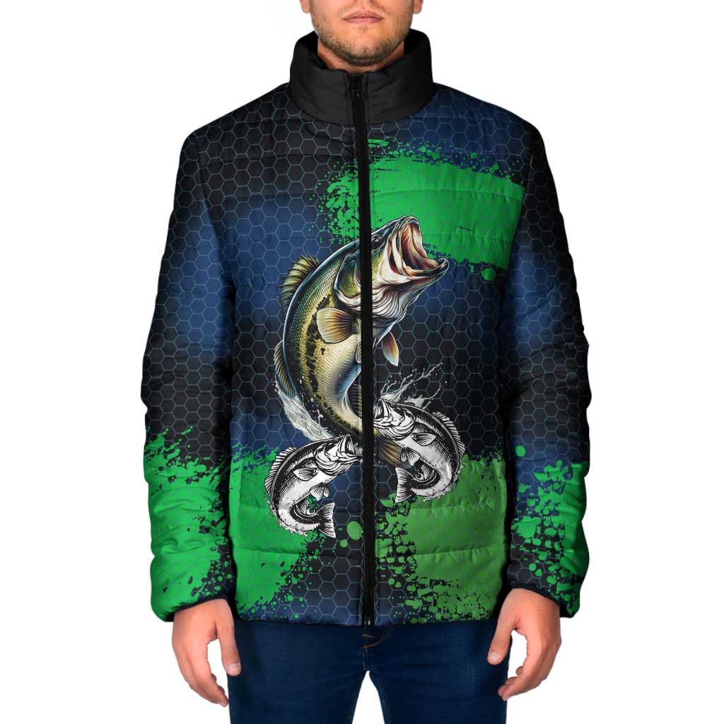 Personalized Bass Fishing Padded Jacket with Jumping Fish – Green and Black Angler Design - Wonder Print Shop