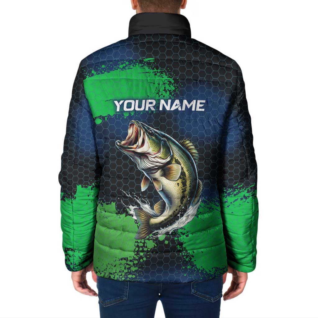 Personalized Bass Fishing Padded Jacket with Jumping Fish – Green and Black Angler Design - Wonder Print Shop