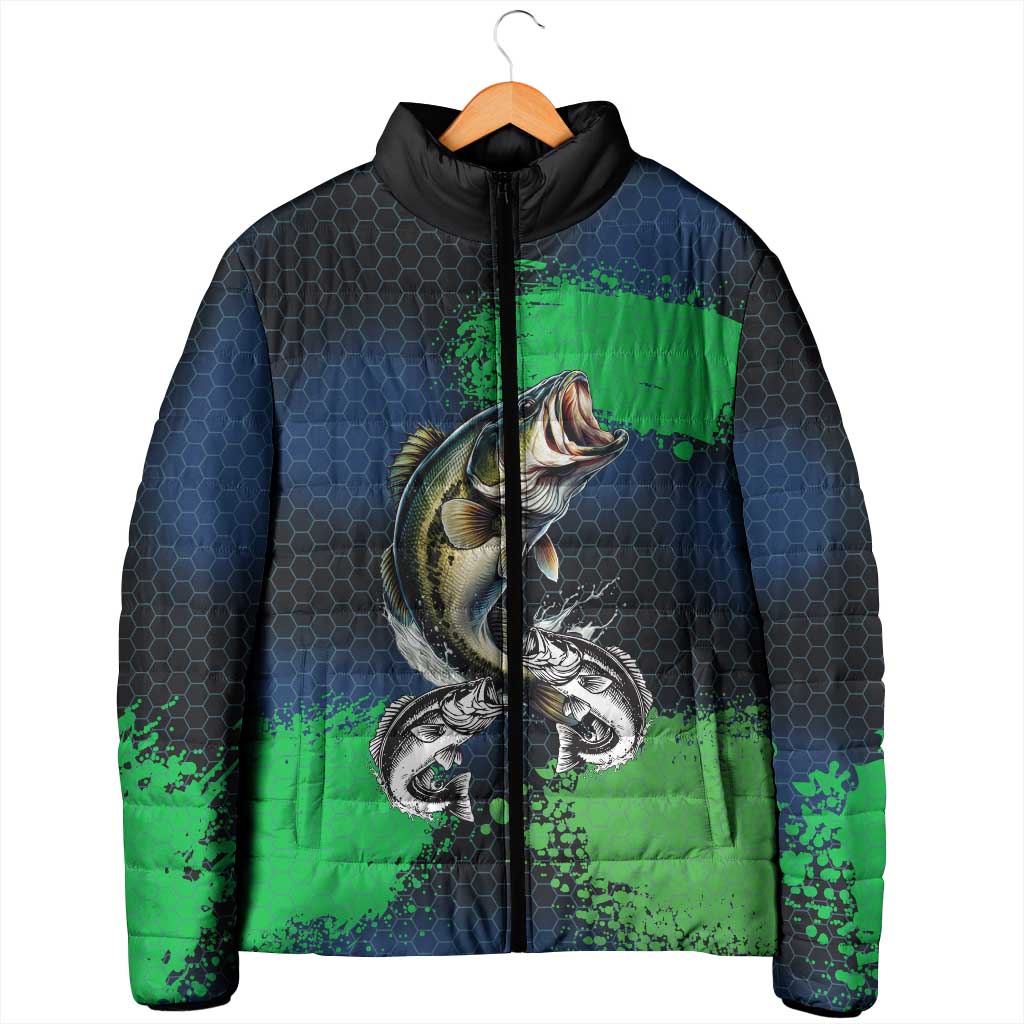 Personalized Bass Fishing Padded Jacket with Jumping Fish – Green and Black Angler Design - Wonder Print Shop