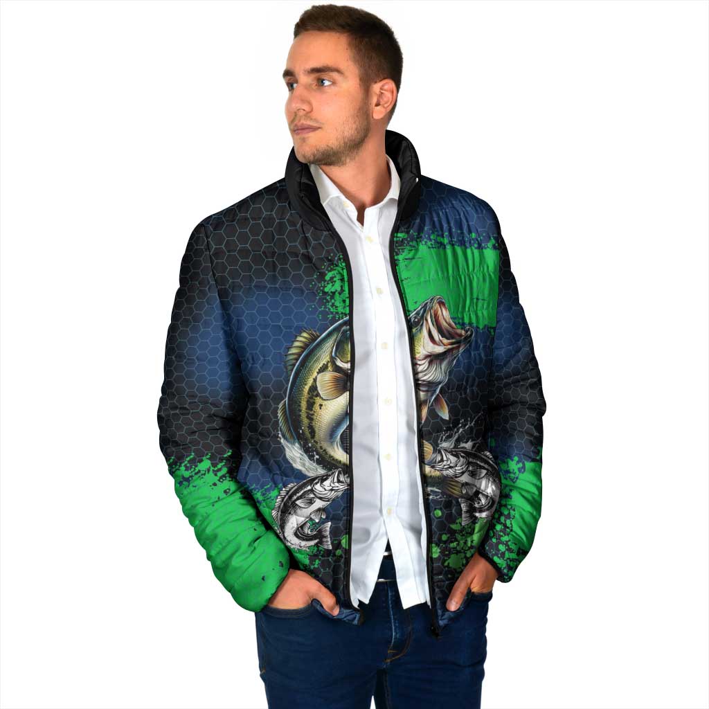 Personalized Bass Fishing Padded Jacket with Jumping Fish – Green and Black Angler Design - Wonder Print Shop