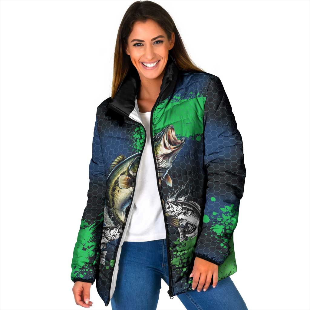 Personalized Bass Fishing Padded Jacket with Jumping Fish – Green and Black Angler Design - Wonder Print Shop