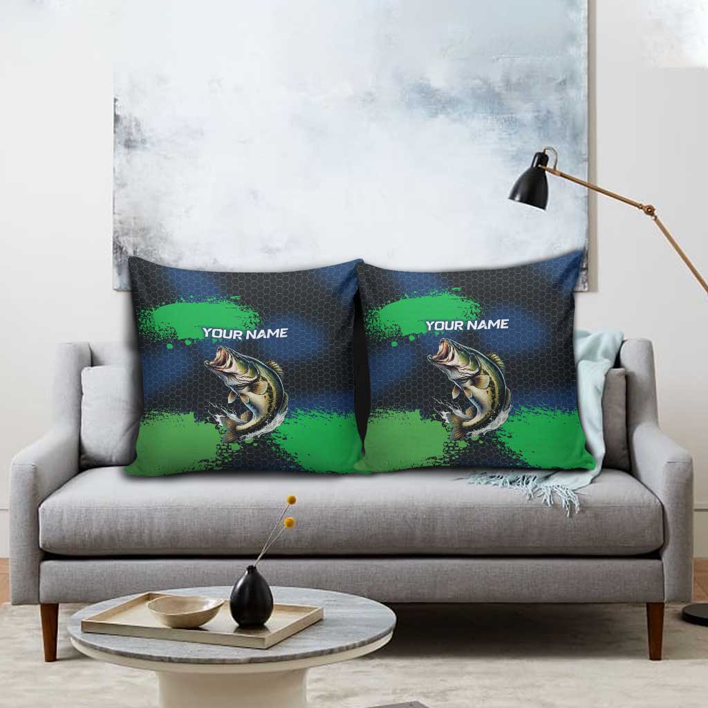 Personalized Bass Fishing Pillow Cover with Jumping Fish – Green and Black Angler Design - Wonder Print Shop