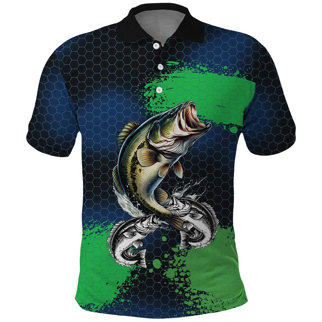 Personalized Bass Fishing Polo Shirt with Jumping Fish – Green and Black Angler Design - Wonder Print Shop