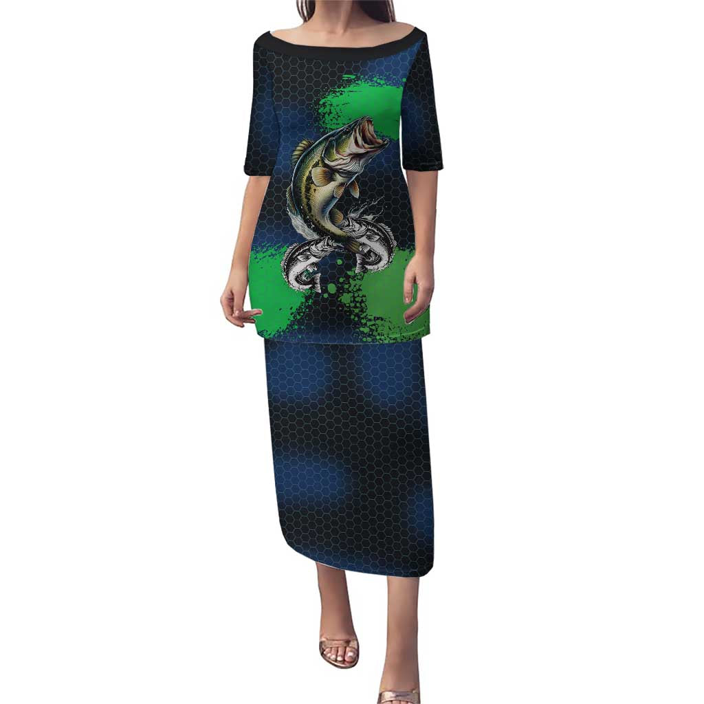 Personalized Bass Fishing Puletasi with Jumping Fish – Green and Black Angler Design - Wonder Print Shop