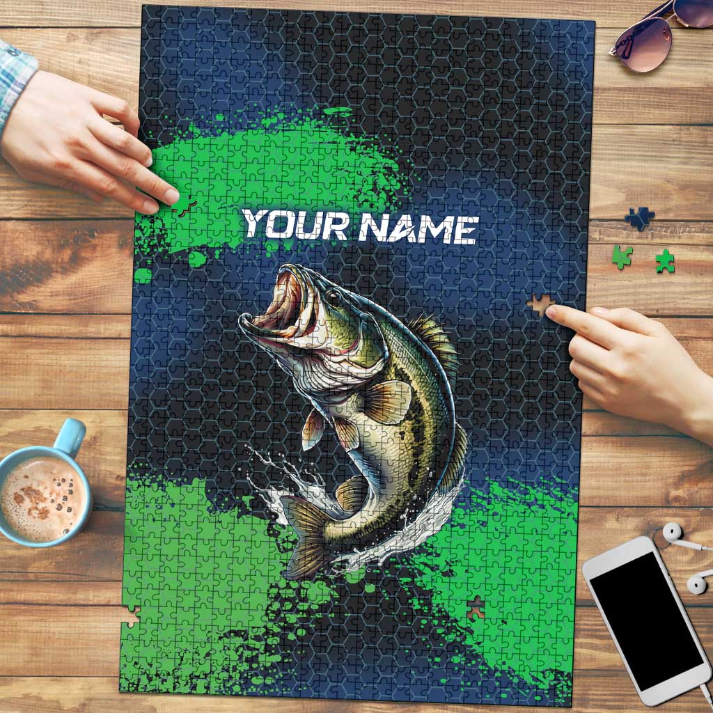 Personalized Bass Fishing Puzzle with Jumping Fish – Green and Black Angler Design - Wonder Print Shop