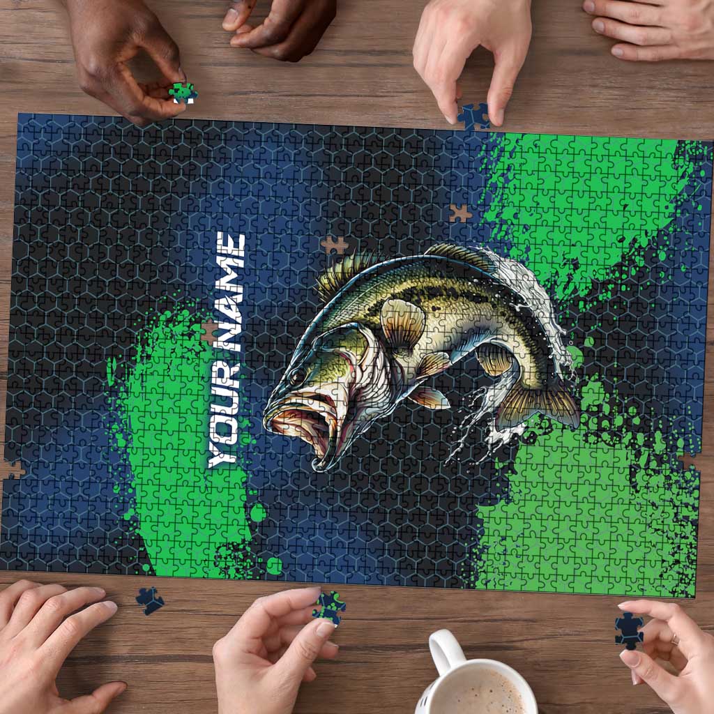Personalized Bass Fishing Puzzle with Jumping Fish – Green and Black Angler Design - Wonder Print Shop