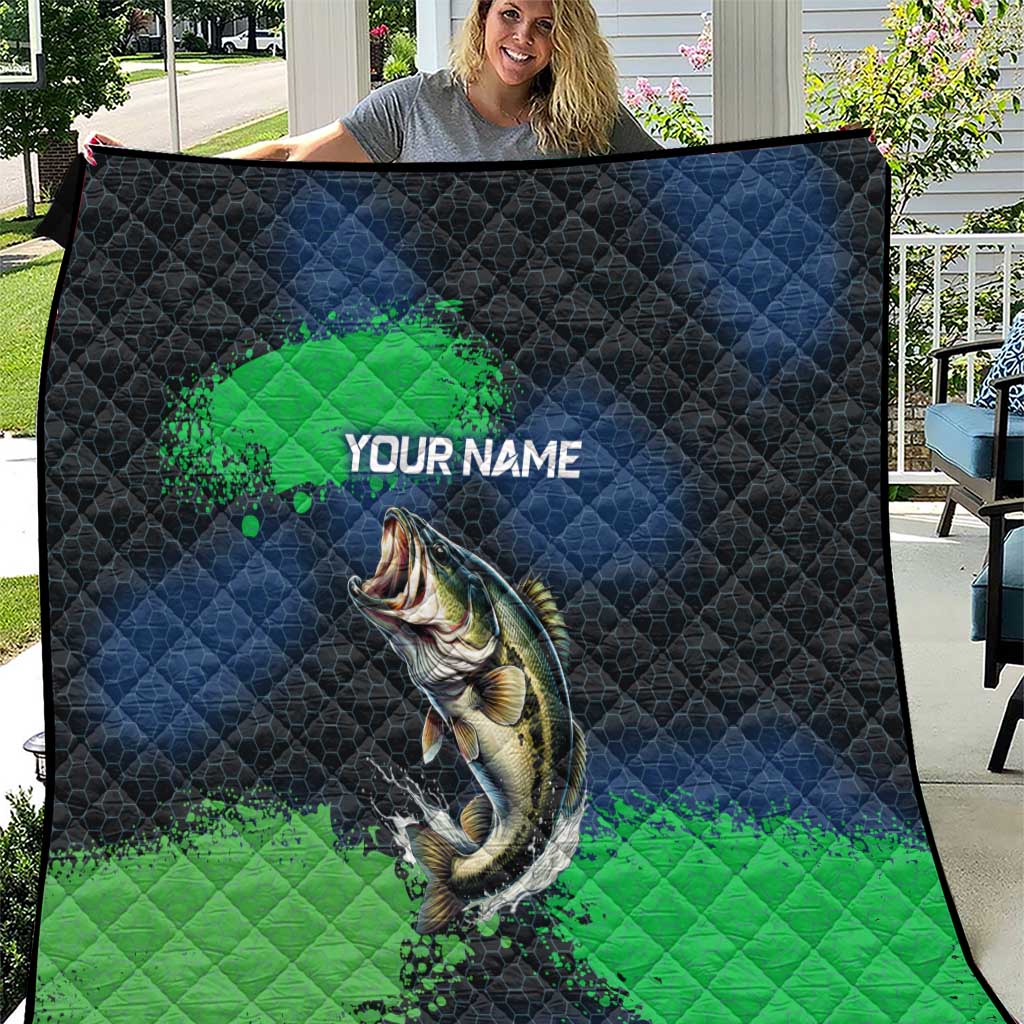 Personalized Bass Fishing Quilt with Jumping Fish – Green and Black Angler Design - Wonder Print Shop