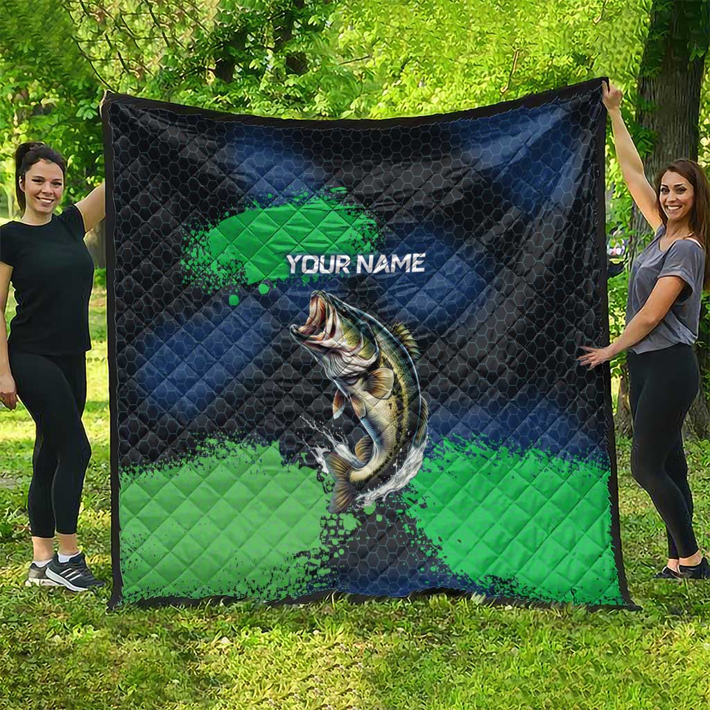 Personalized Bass Fishing Quilt with Jumping Fish – Green and Black Angler Design - Wonder Print Shop