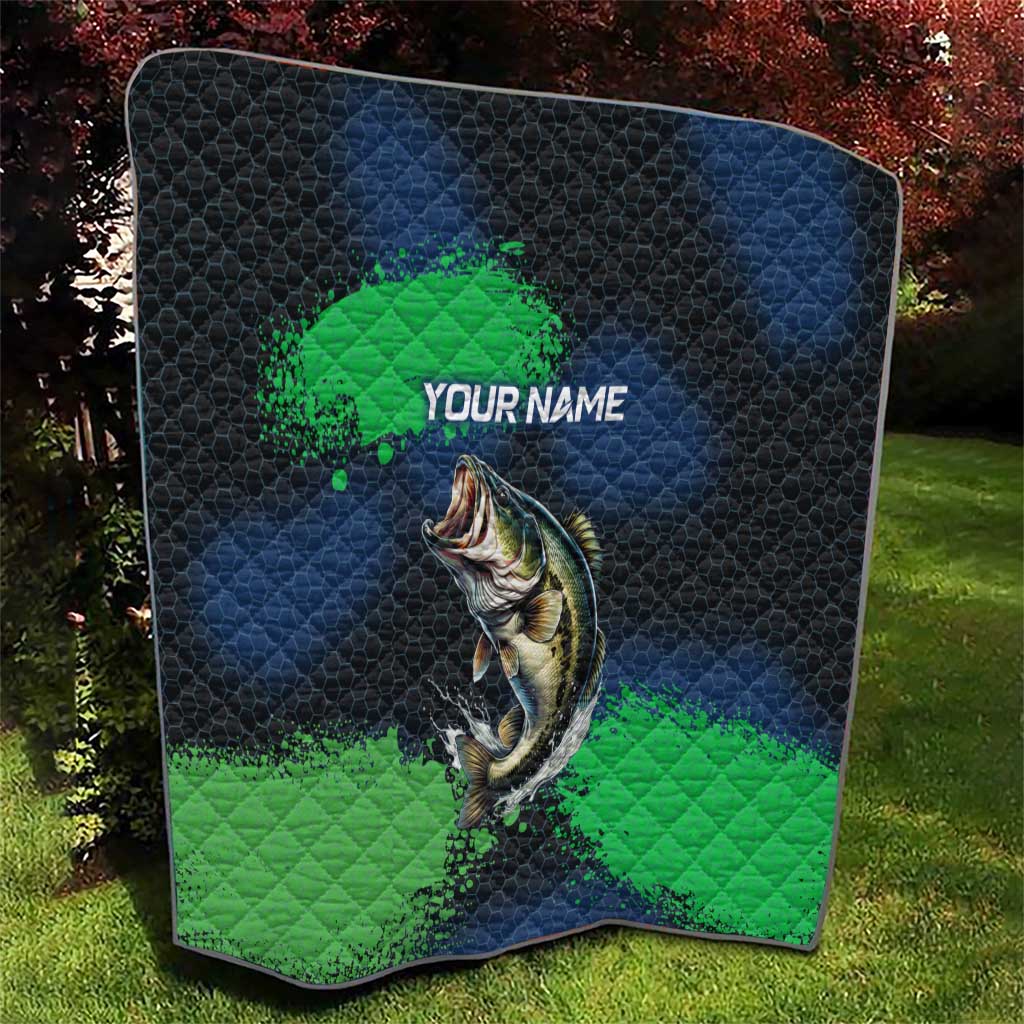Personalized Bass Fishing Quilt with Jumping Fish – Green and Black Angler Design - Wonder Print Shop