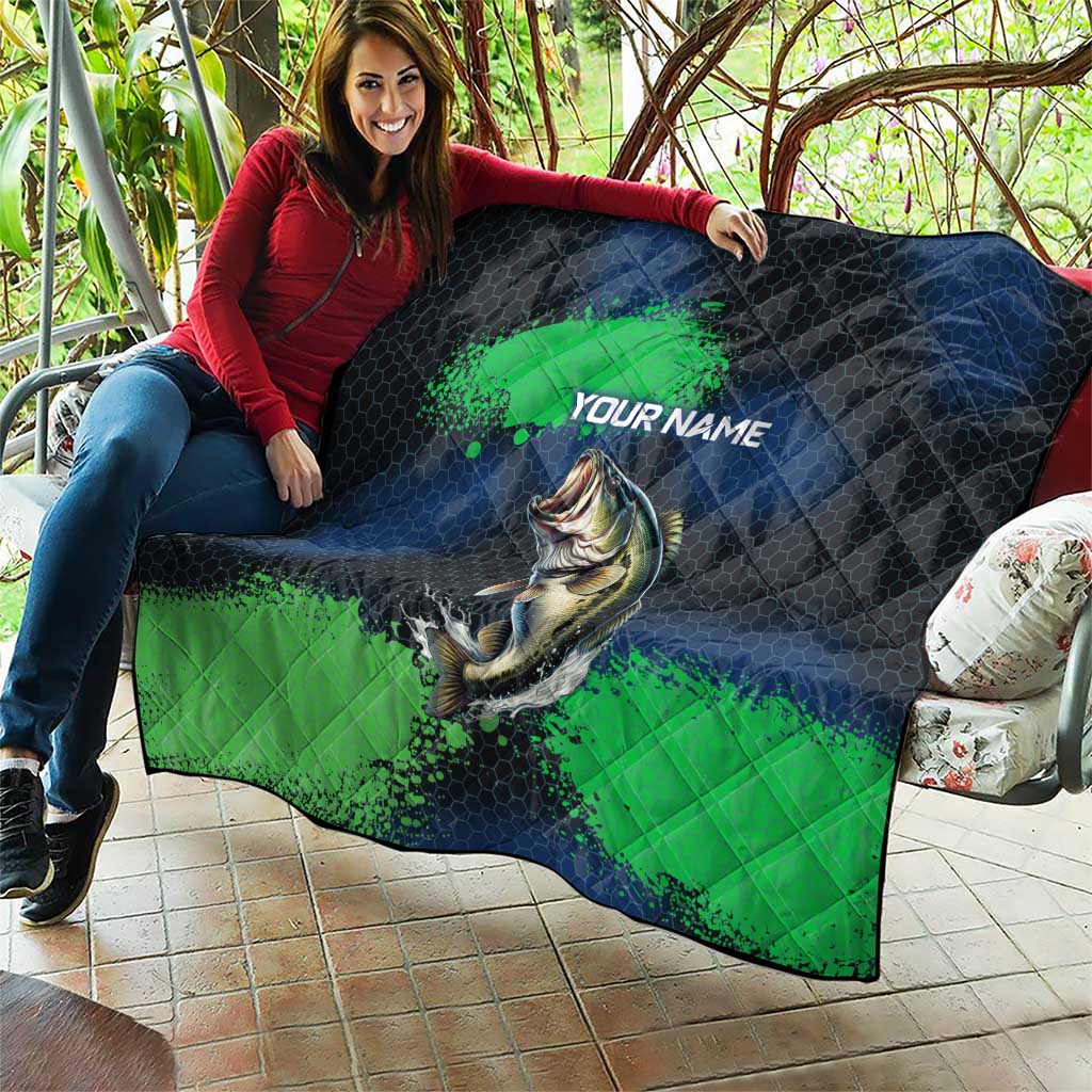 Personalized Bass Fishing Quilt with Jumping Fish – Green and Black Angler Design - Wonder Print Shop