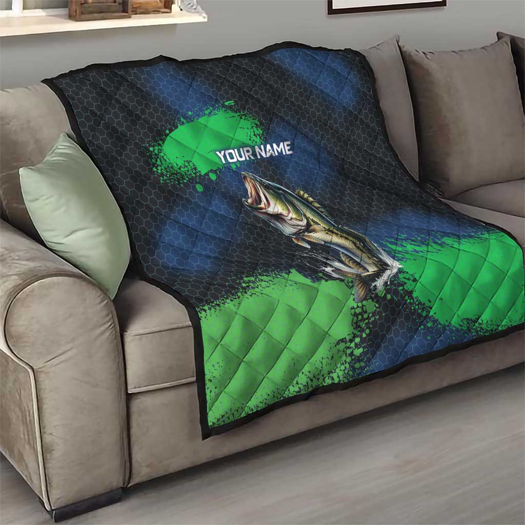 Personalized Bass Fishing Quilt with Jumping Fish – Green and Black Angler Design - Wonder Print Shop