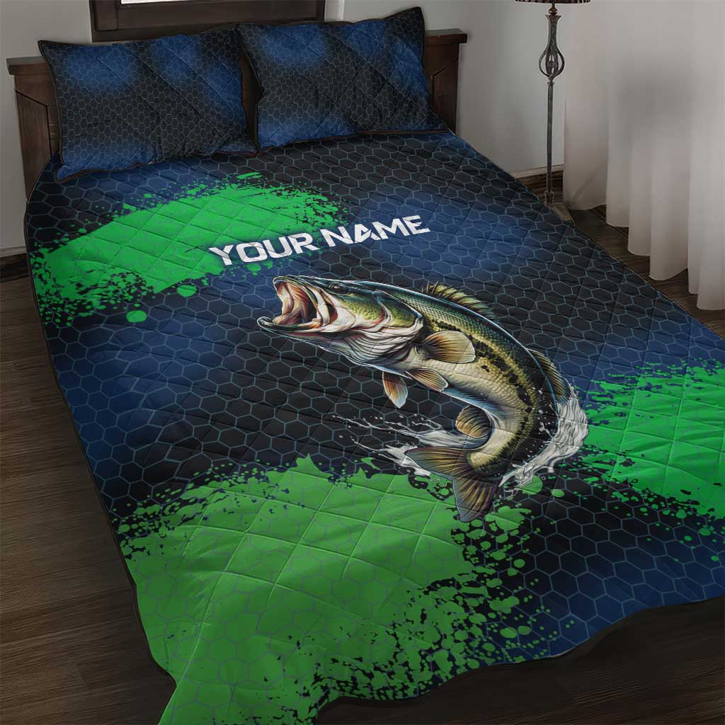 Personalized Bass Fishing Quilt Bed Set with Jumping Fish – Green and Black Angler Design - Wonder Print Shop