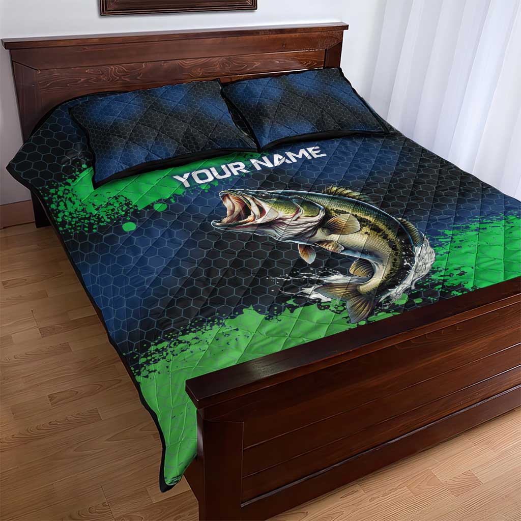 Personalized Bass Fishing Quilt Bed Set with Jumping Fish – Green and Black Angler Design - Wonder Print Shop