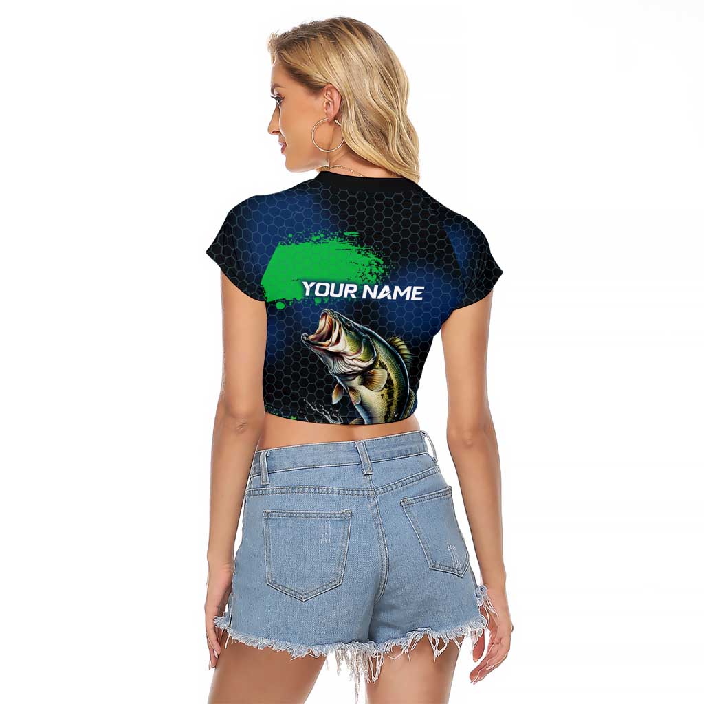 Personalized Bass Fishing Raglan Cropped T Shirt with Jumping Fish – Green and Black Angler Design - Wonder Print Shop