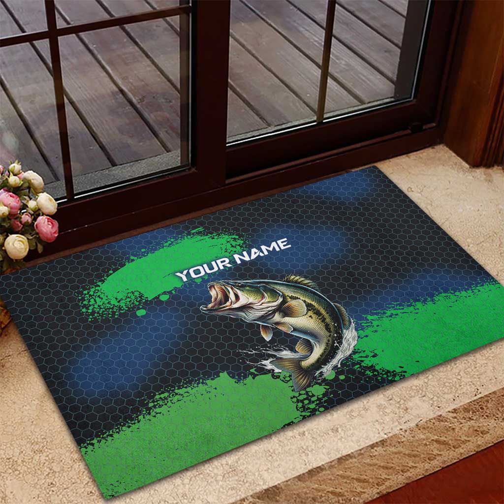 Personalized Bass Fishing Rubber Doormat with Jumping Fish – Green and Black Angler Design - Wonder Print Shop