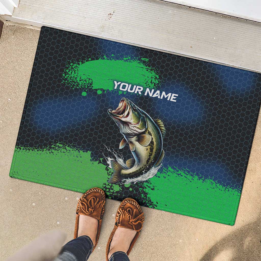 Personalized Bass Fishing Rubber Doormat with Jumping Fish – Green and Black Angler Design - Wonder Print Shop