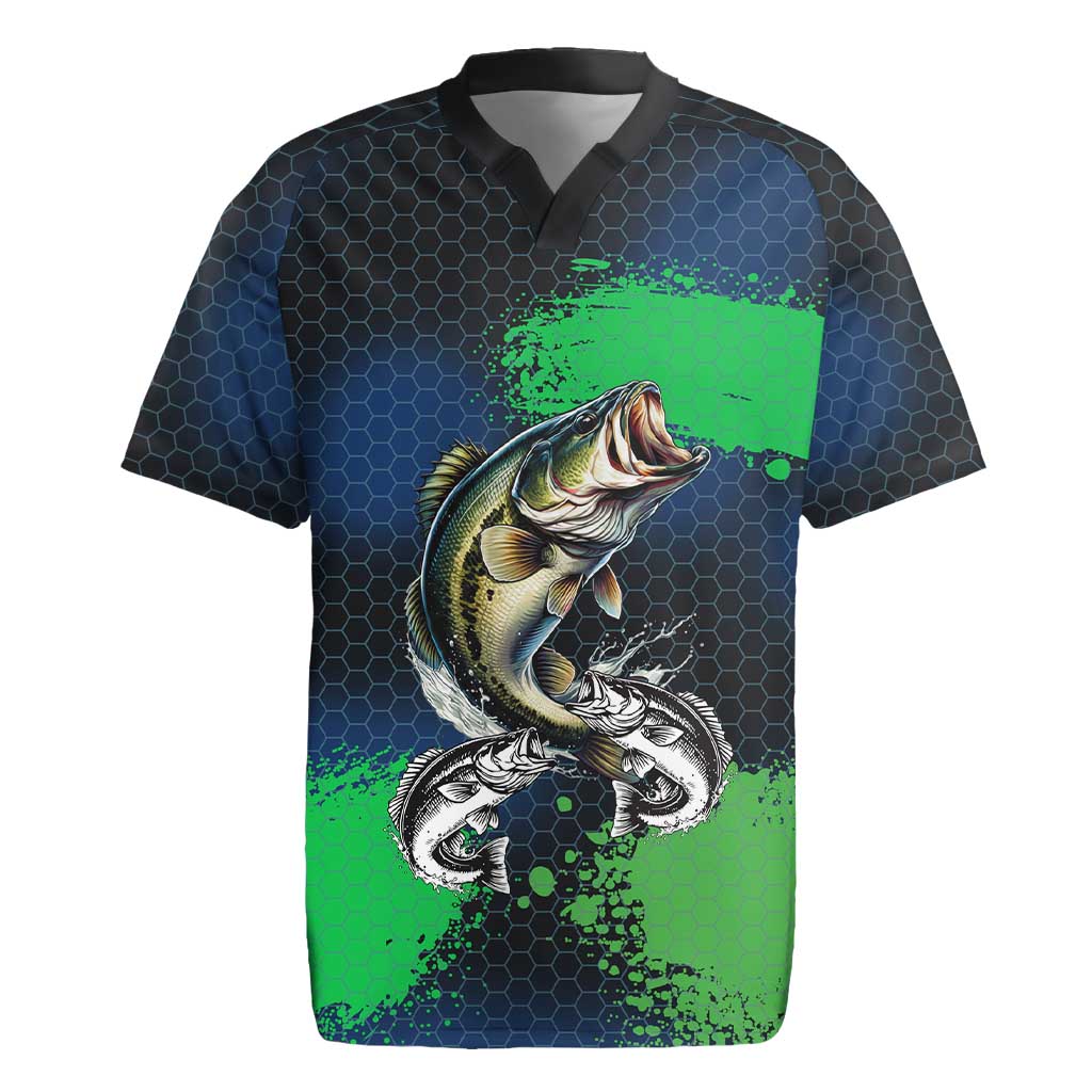 Personalized Bass Fishing Rugby Jersey with Jumping Fish – Green and Black Angler Design - Wonder Print Shop