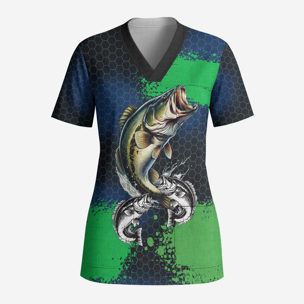 Personalized Bass Fishing Scrub Top with Jumping Fish – Green and Black Angler Design - Wonder Print Shop