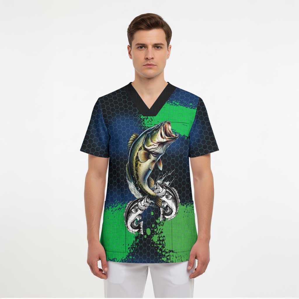 Personalized Bass Fishing Scrub Top with Jumping Fish – Green and Black Angler Design - Wonder Print Shop