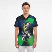 Personalized Bass Fishing Scrub Top with Jumping Fish – Green and Black Angler Design - Wonder Print Shop