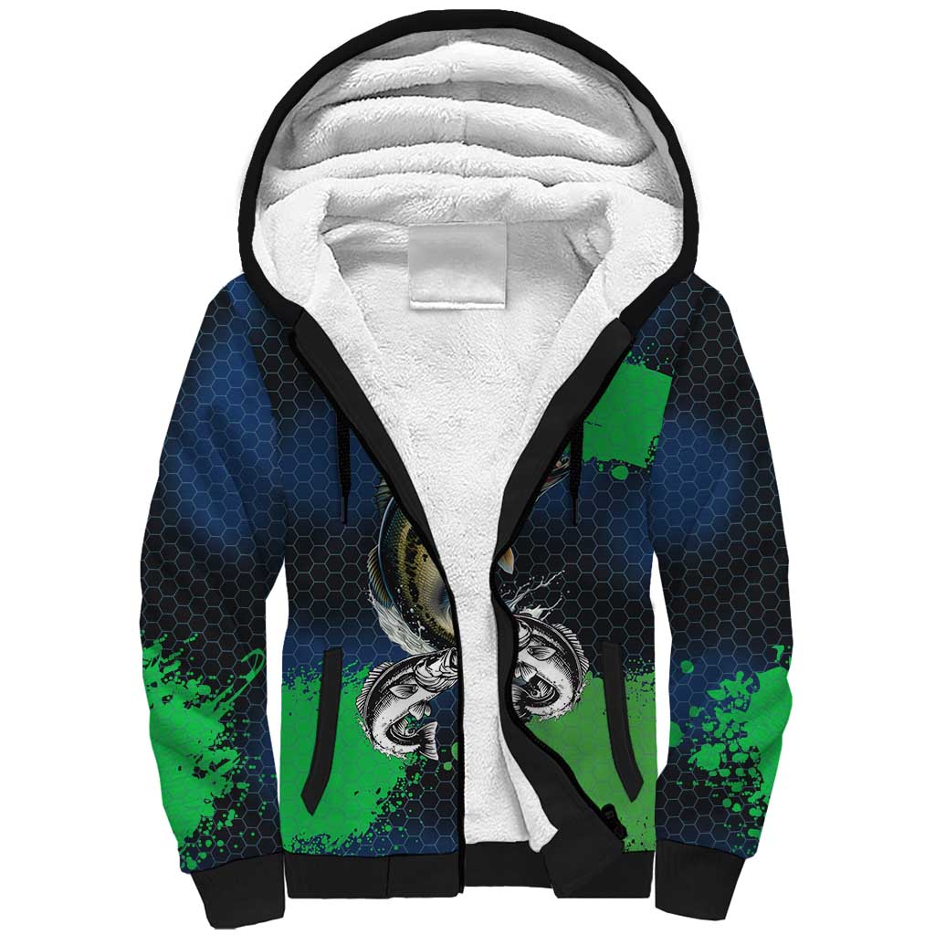 Personalized Bass Fishing Sherpa Hoodie with Jumping Fish – Green and Black Angler Design - Wonder Print Shop