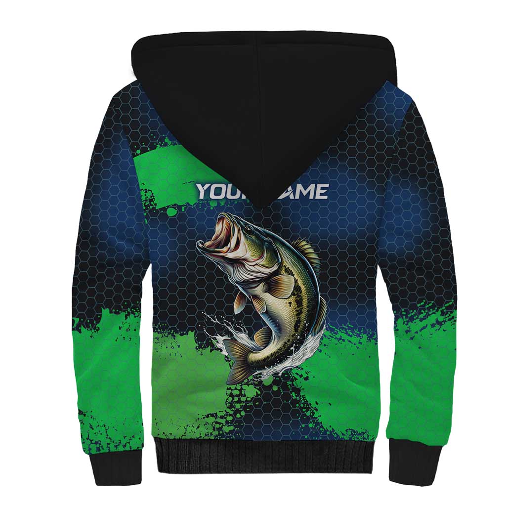 Personalized Bass Fishing Sherpa Hoodie with Jumping Fish – Green and Black Angler Design - Wonder Print Shop