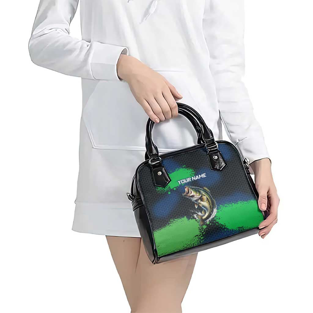 Personalized Bass Fishing Shoulder Handbag with Jumping Fish – Green and Black Angler Design - Wonder Print Shop