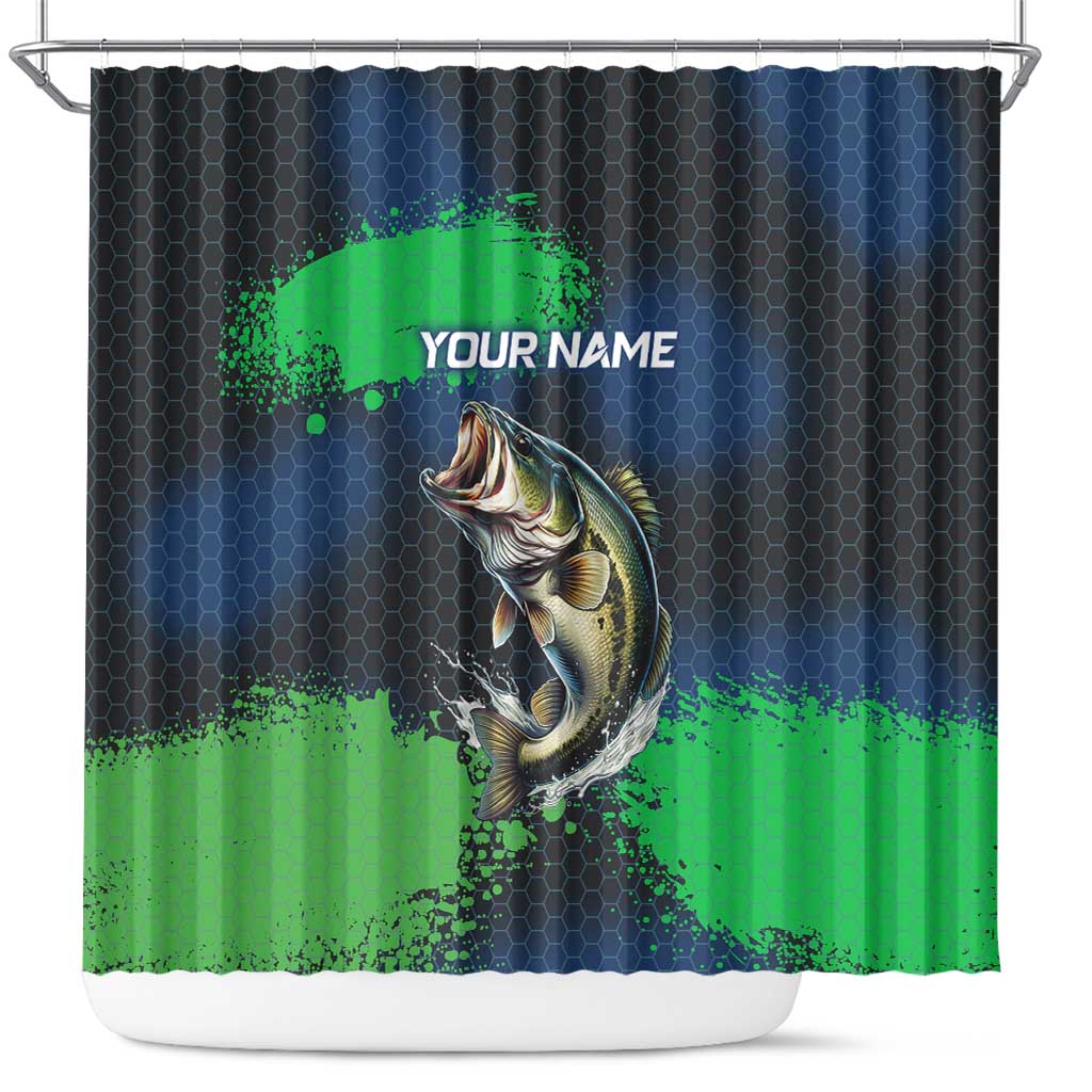 Personalized Bass Fishing Shower Curtain with Jumping Fish – Green and Black Angler Design - Wonder Print Shop
