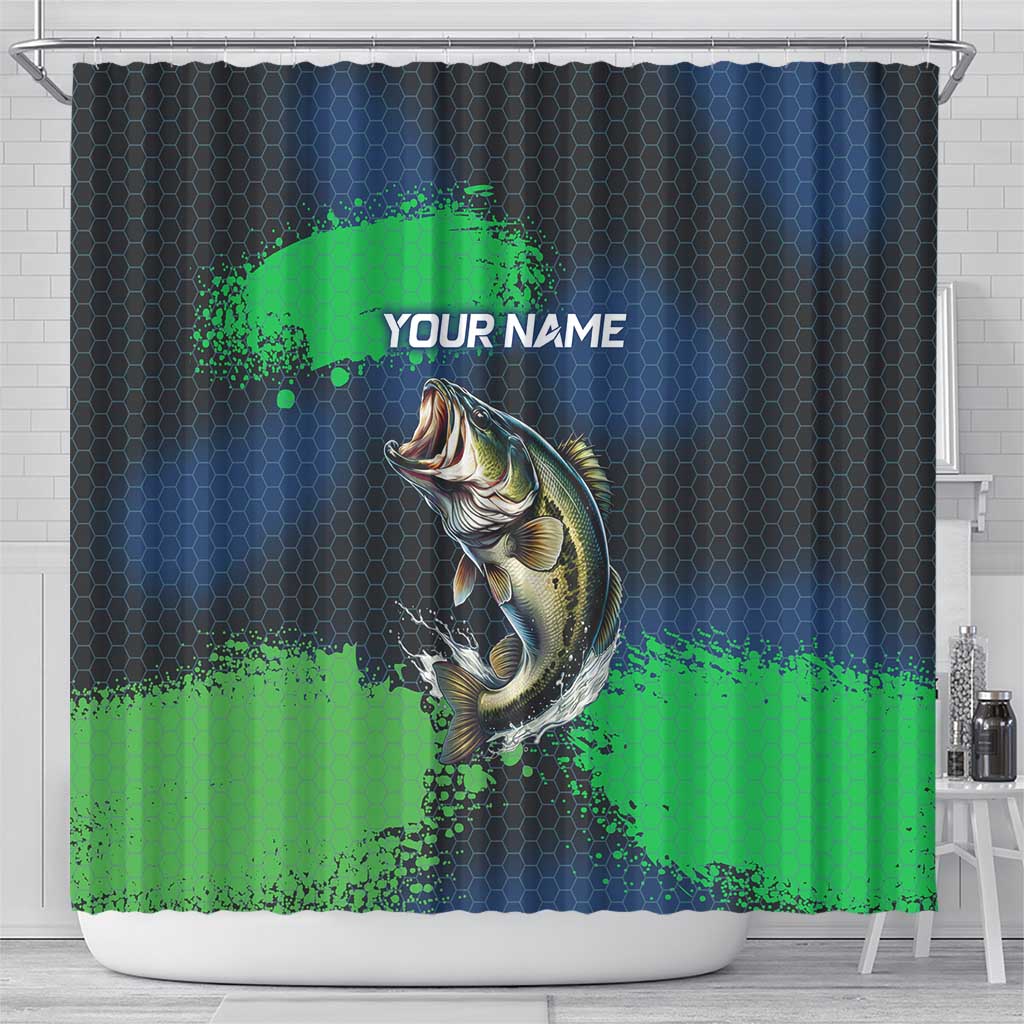Personalized Bass Fishing Shower Curtain with Jumping Fish – Green and Black Angler Design - Wonder Print Shop