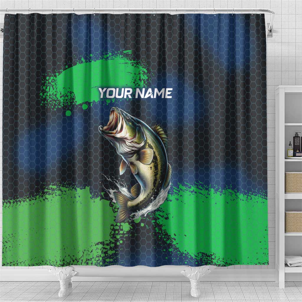 Personalized Bass Fishing Shower Curtain with Jumping Fish – Green and Black Angler Design - Wonder Print Shop