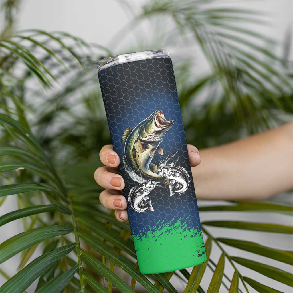 Personalized Bass Fishing Skinny Tumbler with Jumping Fish – Green and Black Angler Design - Wonder Print Shop