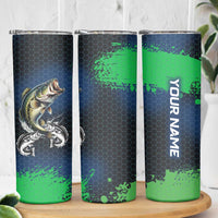 Personalized Bass Fishing Skinny Tumbler with Jumping Fish – Green and Black Angler Design - Wonder Print Shop