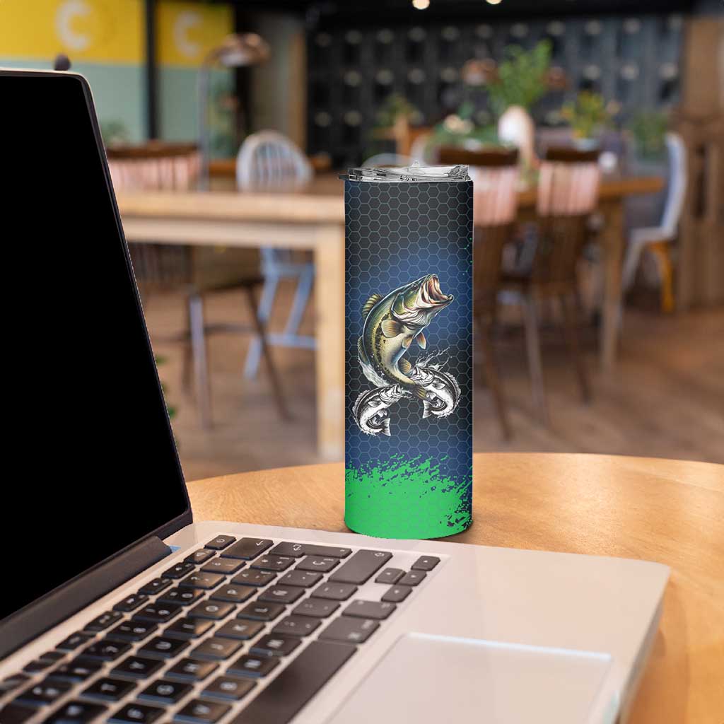 Personalized Bass Fishing Skinny Tumbler with Jumping Fish – Green and Black Angler Design - Wonder Print Shop
