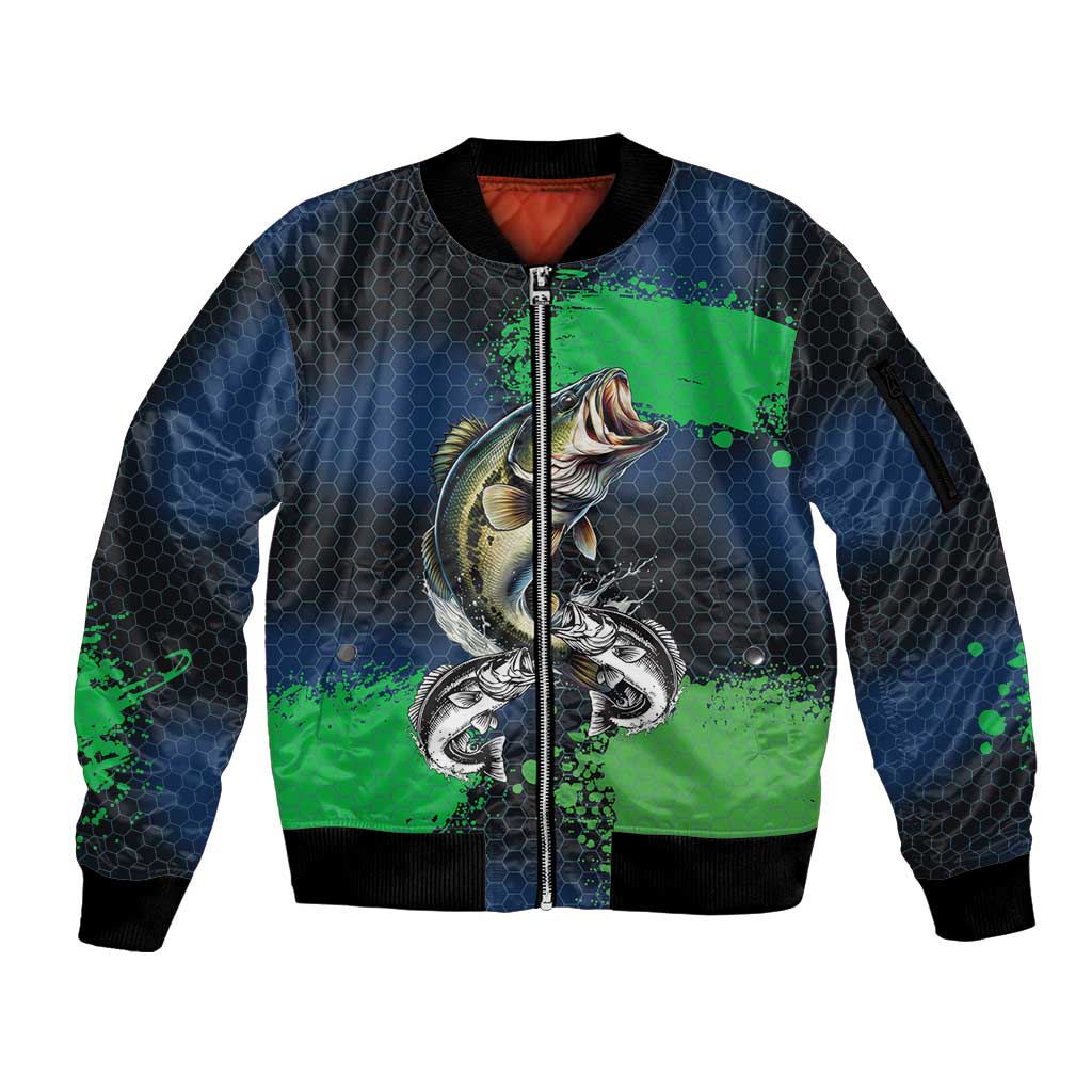 Personalized Bass Fishing Sleeve Zip Bomber Jacket with Jumping Fish – Green and Black Angler Design - Wonder Print Shop