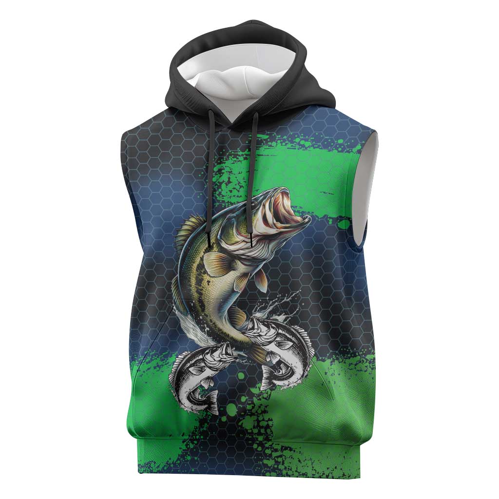 Personalized Bass Fishing Sleeveless Hoodie with Jumping Fish – Green and Black Angler Design - Wonder Print Shop
