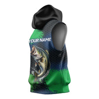 Personalized Bass Fishing Sleeveless Hoodie with Jumping Fish – Green and Black Angler Design - Wonder Print Shop