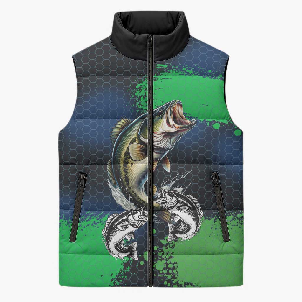 Personalized Bass Fishing Sleeveless Puffer Jacket with Jumping Fish – Green and Black Angler Design - Wonder Print Shop