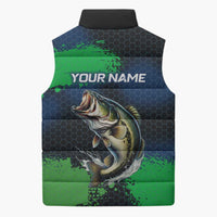 Personalized Bass Fishing Sleeveless Puffer Jacket with Jumping Fish – Green and Black Angler Design - Wonder Print Shop
