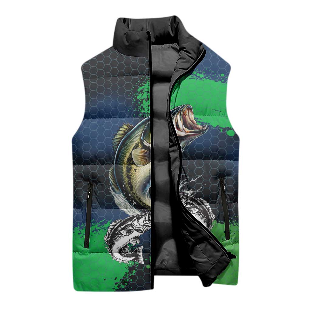 Personalized Bass Fishing Sleeveless Puffer Jacket with Jumping Fish – Green and Black Angler Design - Wonder Print Shop