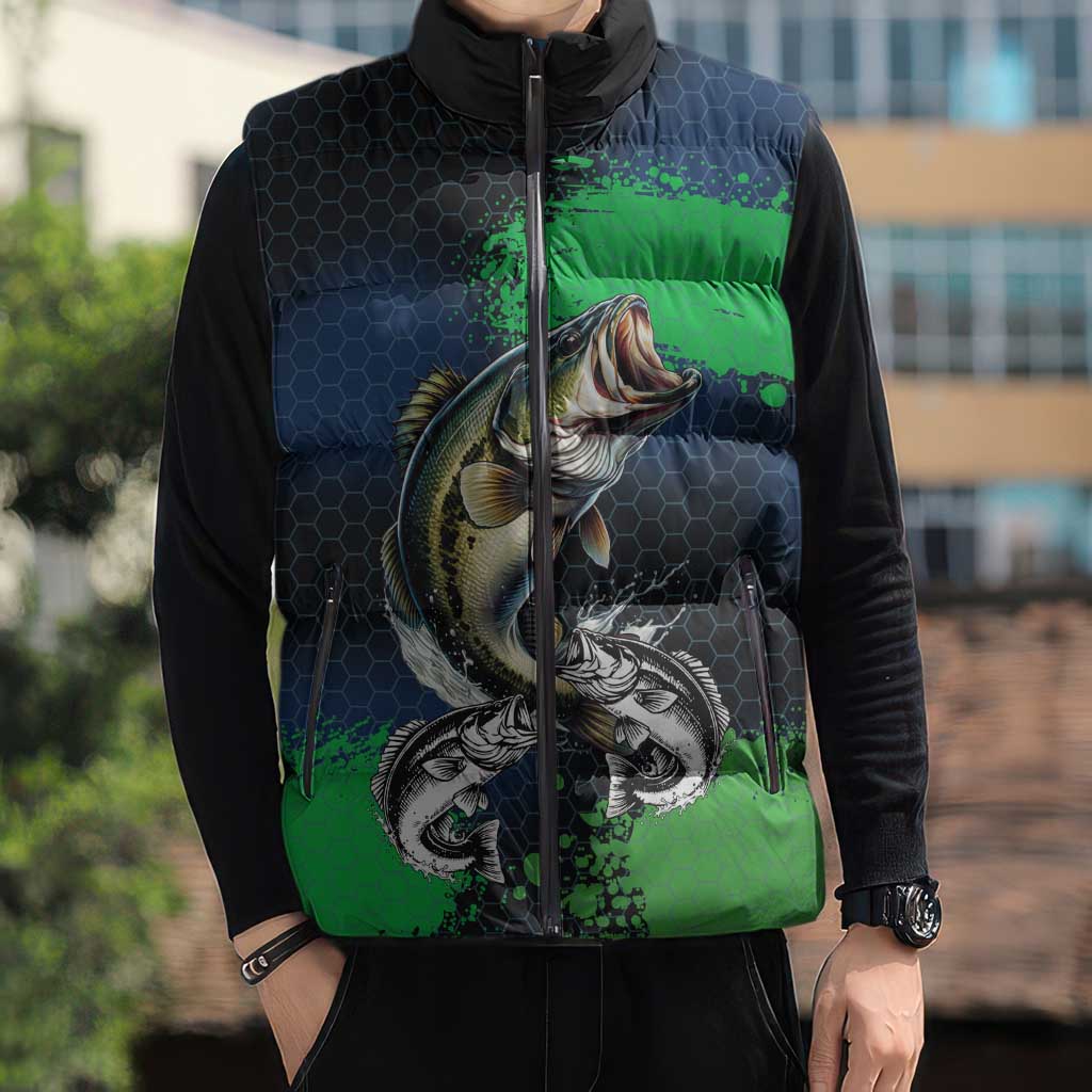 Personalized Bass Fishing Sleeveless Puffer Jacket with Jumping Fish – Green and Black Angler Design - Wonder Print Shop