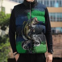 Personalized Bass Fishing Sleeveless Puffer Jacket with Jumping Fish – Green and Black Angler Design - Wonder Print Shop